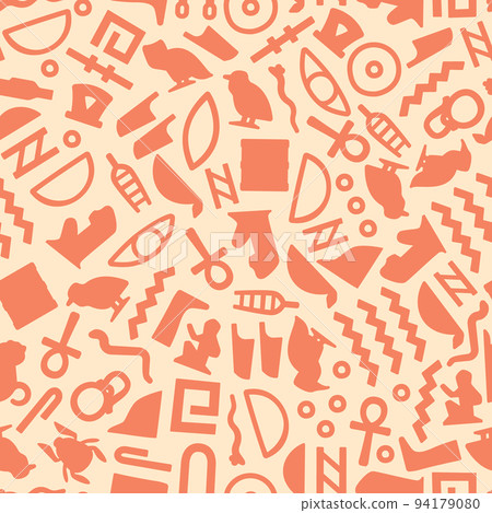 Egyptian hieroglyphs pattern. Seamless print with ancient Egypt civilization manuscript symbols, repeating antique backdrop. Vector texture Egyptian hieroglyphs pattern. Seamless print with ancient Egypt civilization manuscript symbols, repeating antique backdrop. Vector texture 94179080