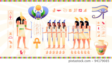 Egyptian fresco. Ancient Egypt mural with hieroglyphs and mythology scenes cartoon pharaoh Isis Anubis Osiris characters. Vector illustration 94179085