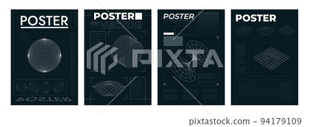 Futuristic grid posters. Retrofuturistic layout templates with HUD elements, wireframe planet perspective tunnel circle retro cyberpunk style. Vector set Futuristic grid posters. Retrofuturistic layout templates with HUD elements, wireframe planet perspective tunnel circle retro cyberpunk style. Vector set 94179109
