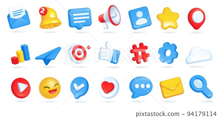 3d social media icons. Envelope with email message, bell for notification, megaphone, speech bubbles 3d social media icons. Envelope with email message, bell for notification, megaphone, speech bubbles 94179114