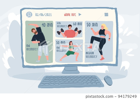 Flat cartoon athlete characters on computer screen,sports online app use vector illustration concept Flat cartoon athlete characters on computer screen,sports online app use vector illustration concept 94179249