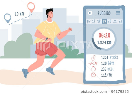 Flat cartoon man character running,sports online app use vector illustration concept Flat cartoon man character running,sports online app use vector illustration concept 94179255