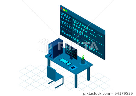 Programming or Software development web page template. Vector illustration with laptop isometric view and program code on screen 94179559