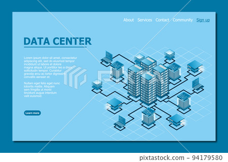 Concept of data network management . Vector isometric map with business networking servers computers and devices 94179580