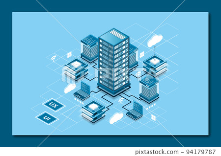 Concept of data network management . Vector isometric map with business networking servers computers and devices 94179787