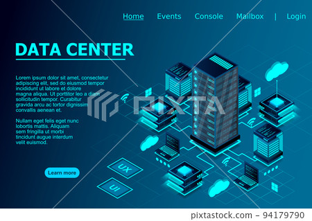 Concept of data network management . Vector isometric map with business networking servers computers and devices 94179790
