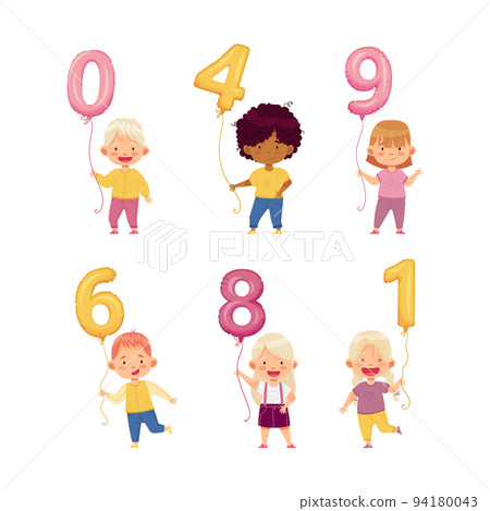 Little Boy and Girl Holding Number Shaped Balloon by the String Vector Set 94180043
