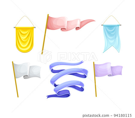 Flag on Pole and Pennant or Pennon Shaped Banner Made of Smooth Fabric Vector Set Flag on Pole and Pennant or Pennon Shaped Banner Made of Smooth Fabric Vector Set 94180115