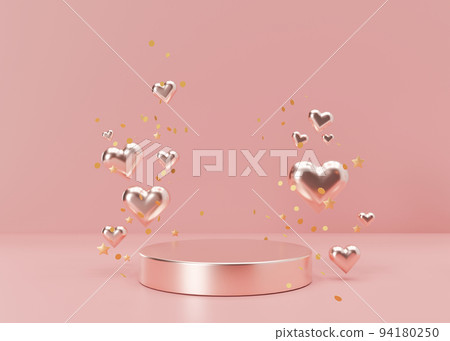 Pink podium with hearts and stars. Women's Day, Mother's Day, Wedding, Anniversary, Valentins Day. Platform for product, cosmetic presentation. Mock up. Pedestal for beauty products. 3D rendering. 94180250