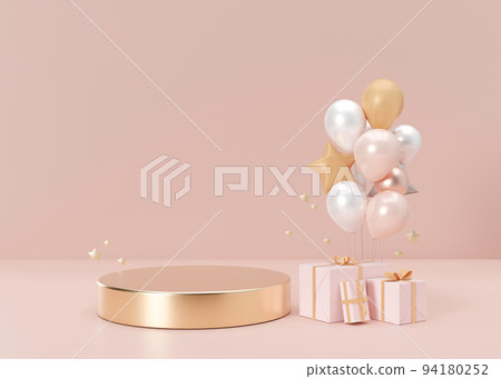 Podium with balloons and presents on pink background. Women's Day, Mother's Day, Wedding, Anniversary, Valentins Day, Birthday. Platform for product, cosmetic presentation. Mock up. 3D rendering. 94180252