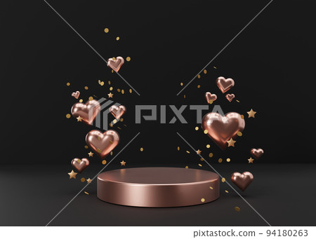 Pink podium with hearts and stars on black background. Women's Day, Mother's Day, Wedding, Anniversary, Valentins Day. Platform for beauty product, cosmetic presentation. Mock up. 3D rendering. 94180263