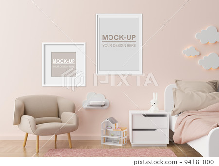 Empty picture frames on the wall in modern child room. Frames mock up in contemporary style. Copy space for your picture, poster. Bed, armchair, toys. Cozy room for kids. 3D rendering. 94181000