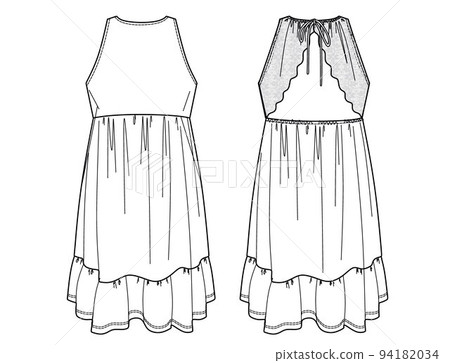 Vector sleeveless summer halter neck dress fashion sketch, flared dress with lace trim detail technical drawing, template, fashion CAD. Jersey or woven fabric dress with front, back view, white color Vector sleeveless summer halter neck dress fashion sketch, flared dress with lace trim detail technical drawing, template, fashion CAD. Jersey or woven fabric dress with front, back view, white color 94182034