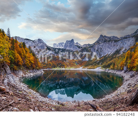 Tree stumps after deforestation near Hinterer Gosausee lake, Upper Austria. Autumn Alps mountain lake with clear transparent water and reflections. Dachstein summit and glacier in far. Tree stumps after deforestation near Hinterer Gosausee lake, Upper Austria. Autumn Alps mountain lake with clear transparent water and reflections. Dachstein summit and glacier in far. 94182248