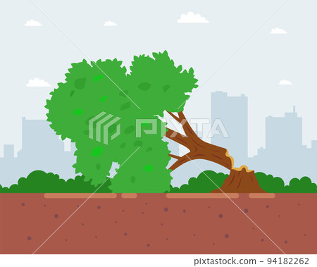 a tree felled by a hurricane blocks the road. a tree felled by a hurricane blocks the road. 94182262