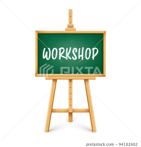 Realistic green chalkboard on wooden easel. Blackboard in wooden frame on a tripod. Presentation board with text, writing or drawing surface. Online studying, learning mockup. Vector illustration 94182682