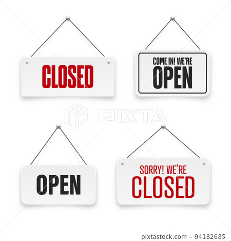 Realistic open or closed hanging signboards. Vintage door sign for cafe, restaurant, bar or retail store. Announcement banner, information signage for business or service. Vector illustration 94182685