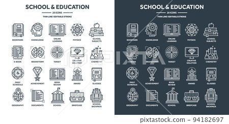 School education, university studies. Study, learning and educational process. Online lessons, e-learning with video tutorials. Knowledge acquisition. Thin line web icons set. Vector illustration 94182697