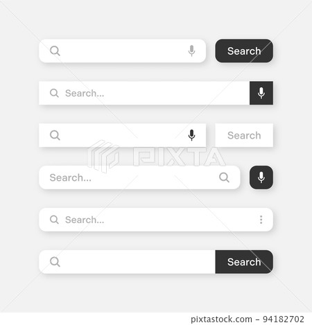 Various search bar templates. Internet browser engine with search box, address bar and text field. UI design, website interface element with web icons and push button. Vector illustration Various search bar templates. Internet browser engine with search box, address bar and text field. UI design, website interface element with web icons and push button. Vector illustration 94182702