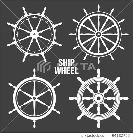 Collection of white vintage steering wheels. Ship, yacht retro wheel symbol. Nautical rudder icon. Marine design element. Vector illustration 94182763