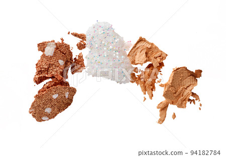 Samples of beige brown eye shadows Set on white background. Swatch smears of compact eyeshadows Samples of beige brown eye shadows Set on white background. Swatch smears of compact eyeshadows 94182784