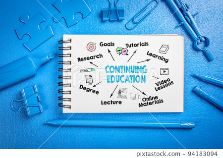 Continuing Education Concept. Chart with keywords and icons. Abstract blue office desk Continuing Education Concept. Chart with keywords and icons. Abstract blue office desk 94183094