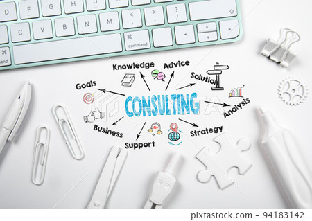 Consulting business concept. Chart with keywords and icons. White keyboard 94183142