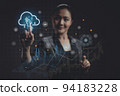 Asian woman pointing a growing virtual hologram of statistics, graph and chart. 94183228