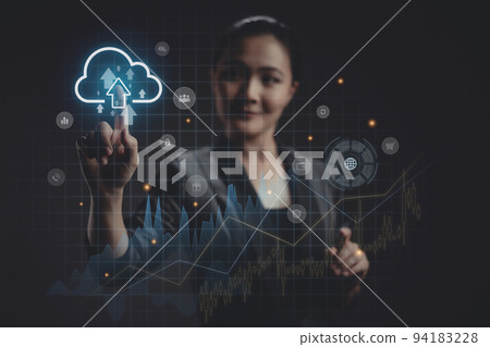 Asian woman pointing a growing virtual hologram of statistics, graph and chart. 94183228