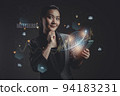 Woman using a smart phone with virtual reality technology of metaverse, internet of things concepts. 94183231