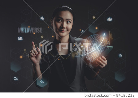 Woman using a smart phone with virtual reality technology of metaverse, internet of things concepts. 94183232