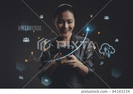 Woman using a smart phone with virtual reality technology of metaverse, internet of things concepts. 94183234