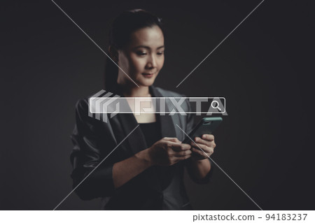 Asian woman using smart phone for searching with browser icon hologram effect. 94183237