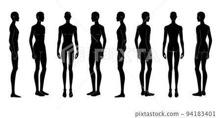 Set of XXS size silhouette Men Fashion template 9 head size Croquis Gentlemen model skinny front, side, 3-4, back 94183401