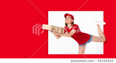pizza delivery woman in uniform holding pizza boxes pizza delivery woman in uniform holding pizza boxes 94183910