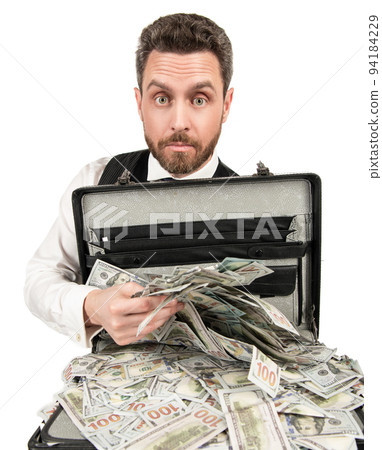 shocked man hold cafe with money isolated on white background, bribe 94184229