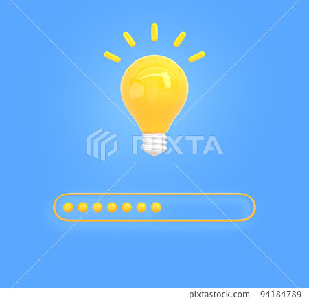 Loading bar icon with glowing light bulb on blue background. Concept of creative or business idea, thought process or brainstorming. Cartoon interface design element with lamp Loading bar icon with glowing light bulb on blue background. Concept of creative or business idea, thought process or brainstorming. Cartoon interface design element with lamp 94184789