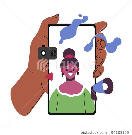 Hand holding smartphone, talking using video chat Hand holding smartphone, talking using video chat 94185139