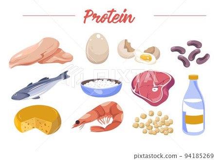 Protein rich food, meat and nuts, eggs and milk Protein rich food, meat and nuts, eggs and milk 94185269