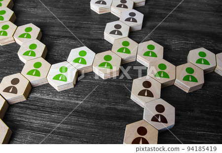 Highlighted people connection chain. Cooperation for solving tasks. Networking. Connecting of people. Assistance and collaboration. Unity and diversity. Useful contacts and word of mouth. 94185419