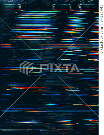 Glitch noise texture. Digital artifacts. Frequency error. Blue orange color fuzzy vibration static distortion on dark black abstract illustration background. 94185443