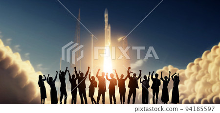 People rejoicing at the launch of a space rocket 94185597