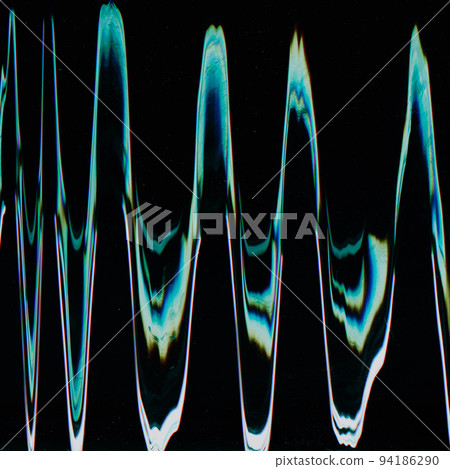 Glitch background. Noise texture. Electronic distortion. Blue orange color vibration wave digital artifacts grain defect on dark black abstract illustration overlay. 94186290