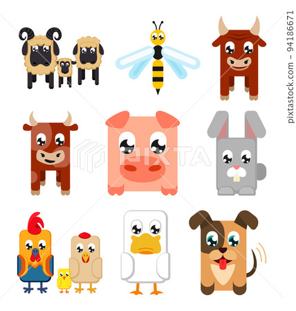 Colorful cartoon domestic animals isolated on white background 9 elements set 94186671