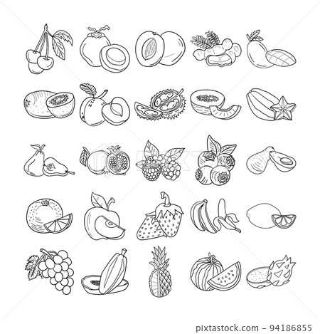 Fruits Hand Drawn Doodle Line Art Outline Set Containing Watermelon, Mango, Avocado, Melon, Tamarind, Durian, Apple, Dragon fruit, Pomegranate, Strawberry, Raspberry, Peach, Plum, Orange, Lemon  94186855