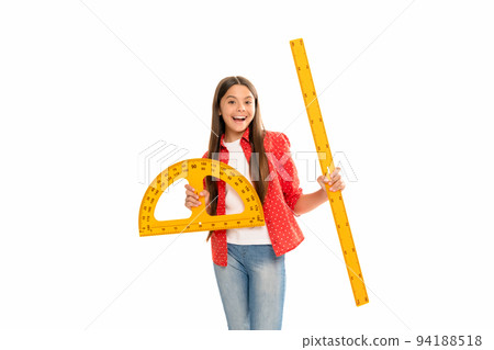 happy kid hold protractor ruler study geometry at school isolated on white, school happy kid hold protractor ruler study geometry at school isolated on white, school 94188518