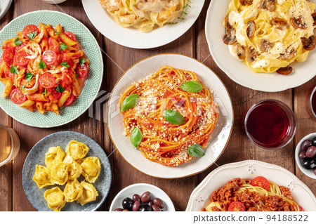 Pasta, many different varieties, overhead flat lay shot. Italian food and drinks 94188522
