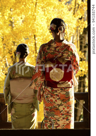 Kimono-clad women standing in front of colorful ginkgo trees in Miyajima 94188744