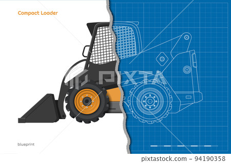 Orange compact loader. Outline side view. Isolated drawing of mini bulldozer. Industrial 3d blueprint of loading machine Orange compact loader. Outline side view. Isolated drawing of mini bulldozer. Industrial 3d blueprint of loading machine 94190358