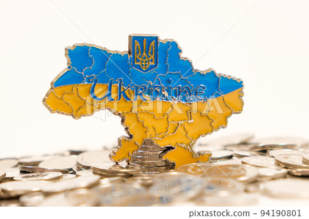 Map of Ukraine on Ukrainian hryvnia coins. Money crisis in the country, international aid and investment Map of Ukraine on Ukrainian hryvnia coins. Money crisis in the country, international aid and investment 94190801